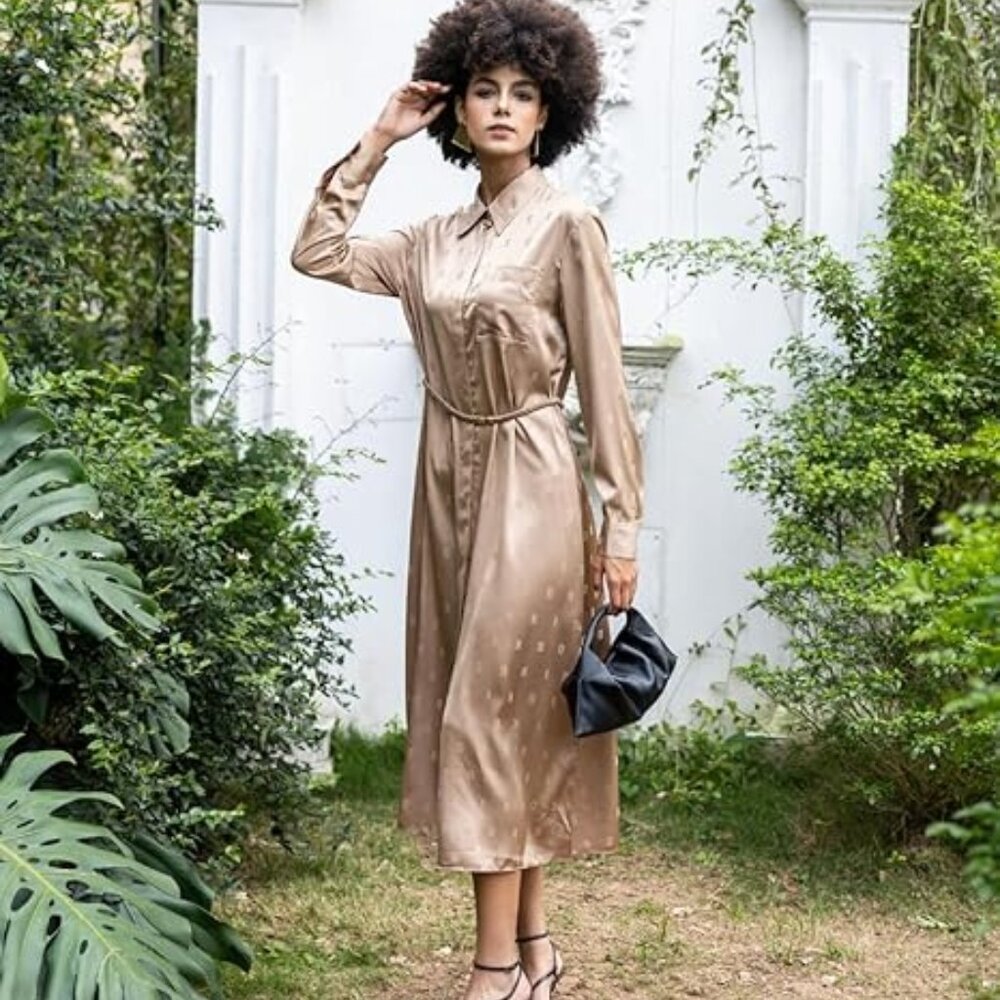 SIXDO Silk Loose Dress with Spread Collar